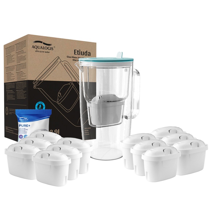 Cana cu filtru Aqualogis Etiuda, Albastru + 12 filtre PURE+ – plastic fara BPA, capac flip-top, contor schimbare filtru, imbunatateste gustul apei, compatibilitate cu Brita Maxtra/Plus, Dafi si Laica