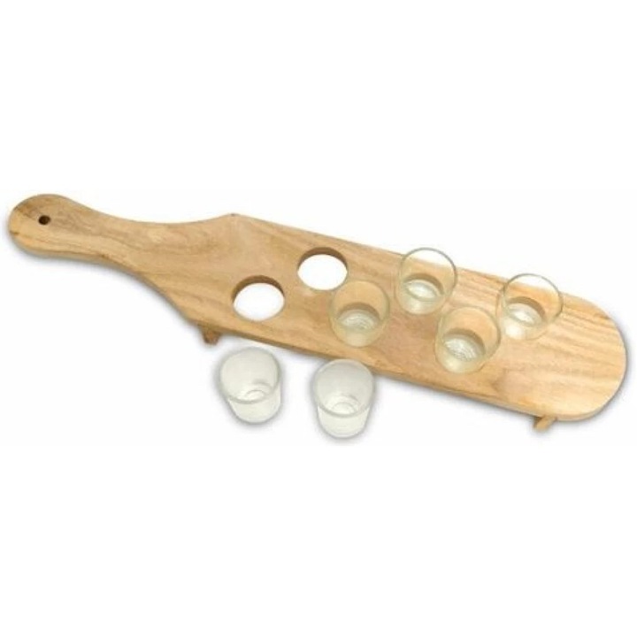 Pahare Shot din Sticla, Flippy, Set 6 pahare pentru Shot cu Suport din Lemn, Design Rustic, 41 x 8.5 x 6 cm, Model 2, Maro