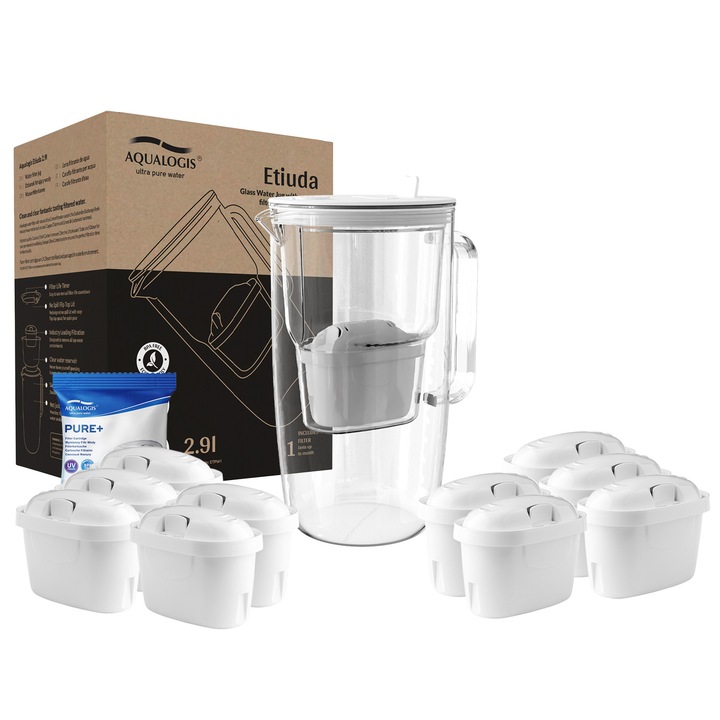 Aqualogis Etiuda fehér szűrőkancsó 10 PURE+ szűrővel, BPA-mentes műanyag, flip-top fedél, szűrőcsere számláló, klór- és vízkőcsökkentés, Brita Maxtra/Plus, Dafi, Laica kompatibilis, javított íz