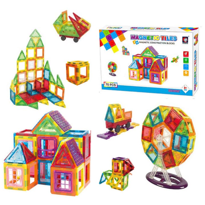 Set Inteligent Constructie Magnetic 70 Piese, Educativ, Creativ, "MAGNETIC CONSTRUCTION BLOCKS", Numeroase Posibilitati Construit Creativ, Dezvoltarea Abilitatilor Motrice si a Imaginatiei