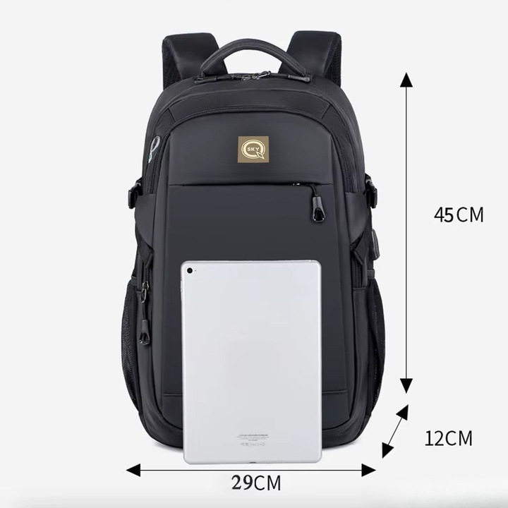 Раница с USB порт, градска, 45L, черна, за 15.6-инчов лаптоп, с дишащ гръб