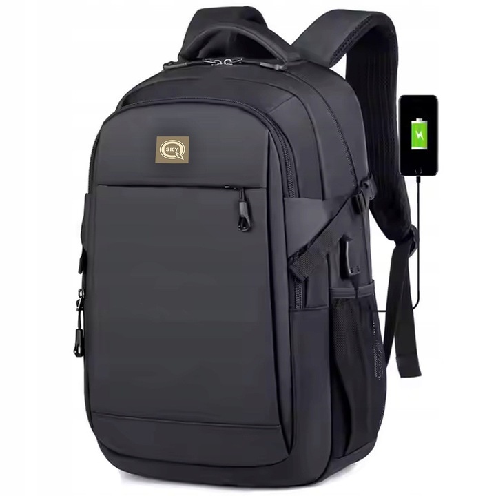 Rucsac urban cu port USB, 45L, negru, pentru laptop de 15,6 inch, cu spate respirabil
