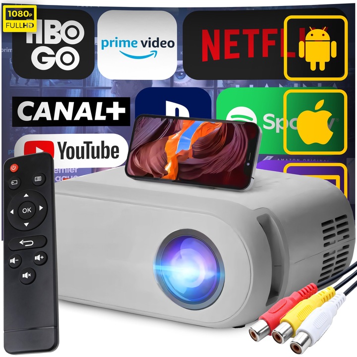 Retoo TechPro videoprojektor, Bluetooth, 3000 lumen, 300ANSI, 1080P Full HD, beépített hangszóró, intelligens távirányító, hordozható, házimozi, 16:9, HDMI, képméret 30"-100" hüvelyk, WiFi támogatás, fehér