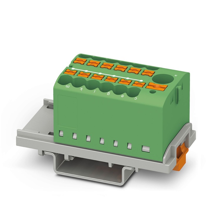 Bloc de distributie PTFIX 6/12X2,5-NS35 GN verde, 13 conexiuni, 24 A 450 V cu support montare pe sina, Phoenix Contact 3273096
