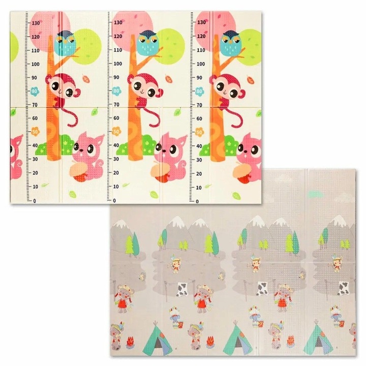 Covoras pentru Copii, cu 2 Fete, Model Maimute/Indieni, din XPE+PE, Impermeabil, Antiderapant, Protectie Termica, +3 Luni, Pliabil, 150 x 200 x 1 cm, Multicolor