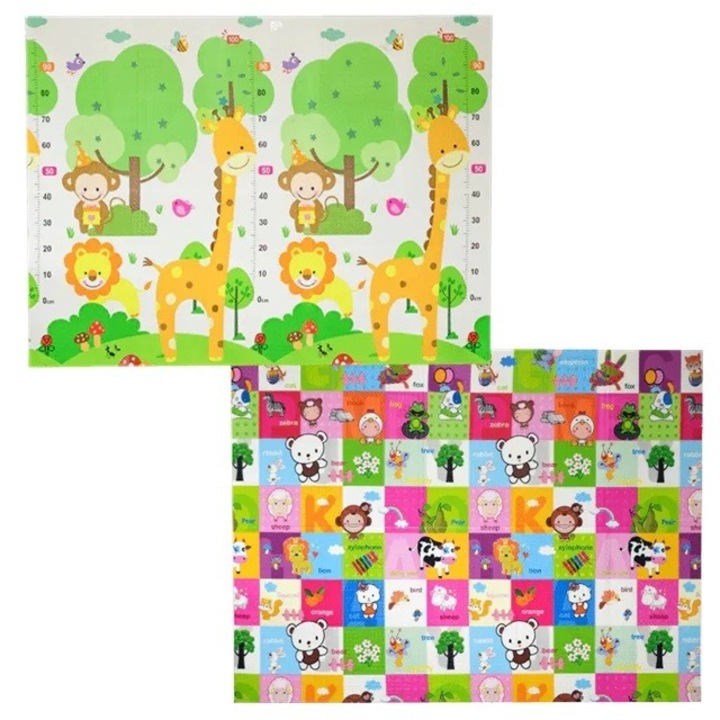 Covoras pentru Copii, cu 2 Fete, Model Safari/Animale, din XPE+PE, Impermeabil, Antiderapant, Protectie Termica, +3 Luni, Pliabil, 150 x 200 x 1 cm, Multicolor