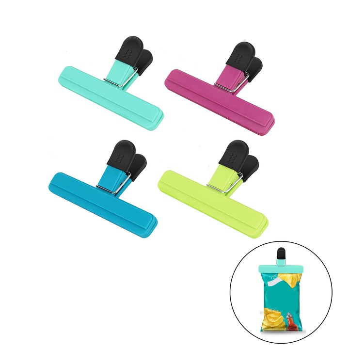 Set de 4 clips pentru pungi alimentare, TREXORA, multicolor, 15.2x8.5cm