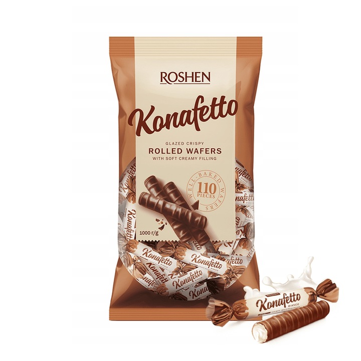 Rulouri de napolitane cu ciocolata si crema de lapte Konafetto Bianco Roshen, 1000g