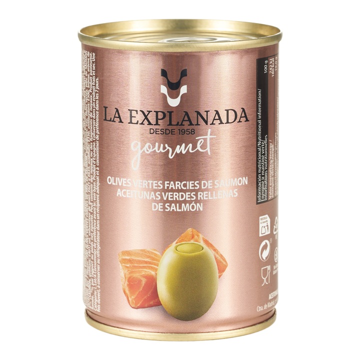 Masline verzi fara samburi, umplute cu somon, La Explanada 280g