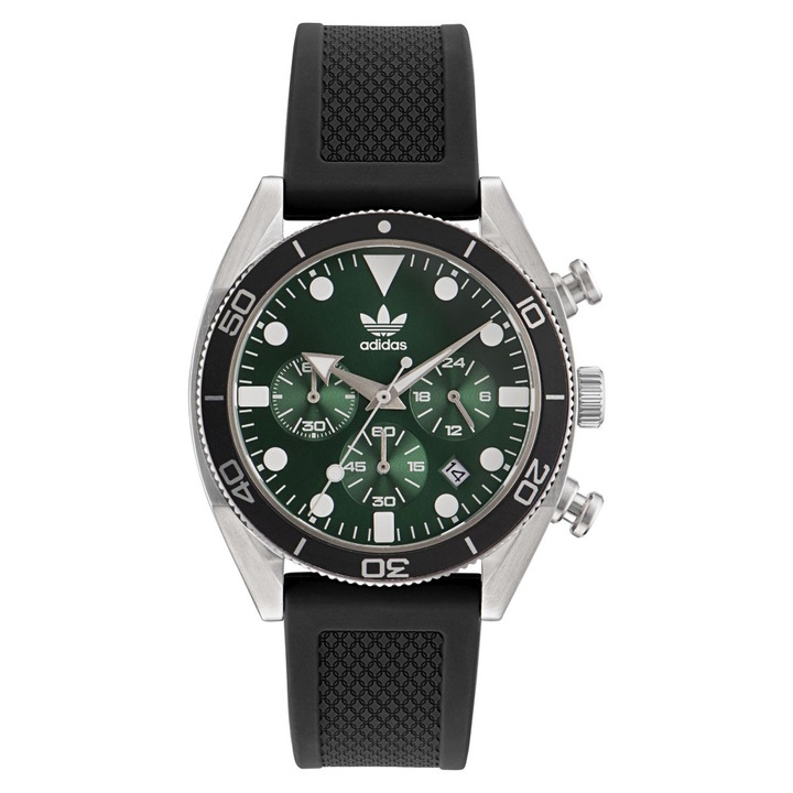 Ceas barbatesc Adidas Originals AOFH23005, 43mm, negru, cu cronograf si data, bratara din cauciuc, rezistent la apa 100m