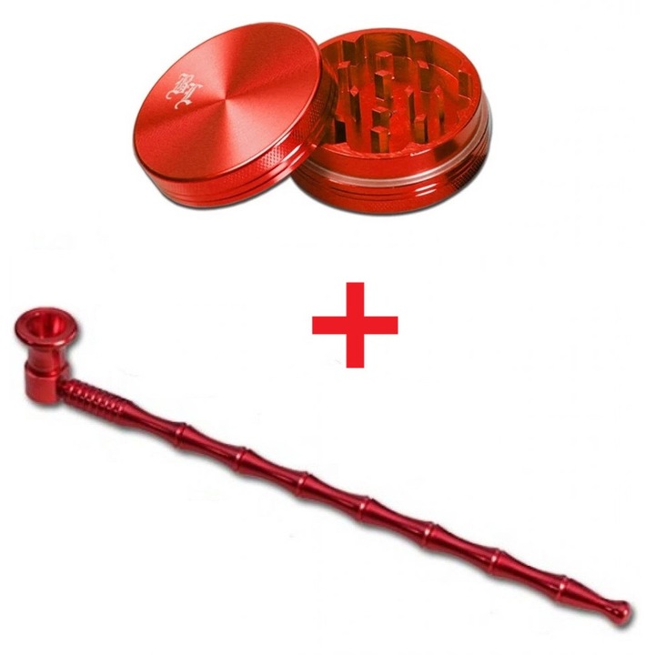 Set fumat Black Leaf aluminiu demontabila 25cm cu Husa de protectie din catifea + Grinder tutun aluminiu, magnetic, din 2 parti, Ø40mm, rosu
