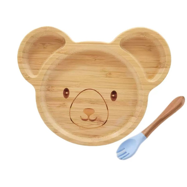 OEM Bambusz tányér és szilikon kanál, maci motívum, nehéz fa / kék