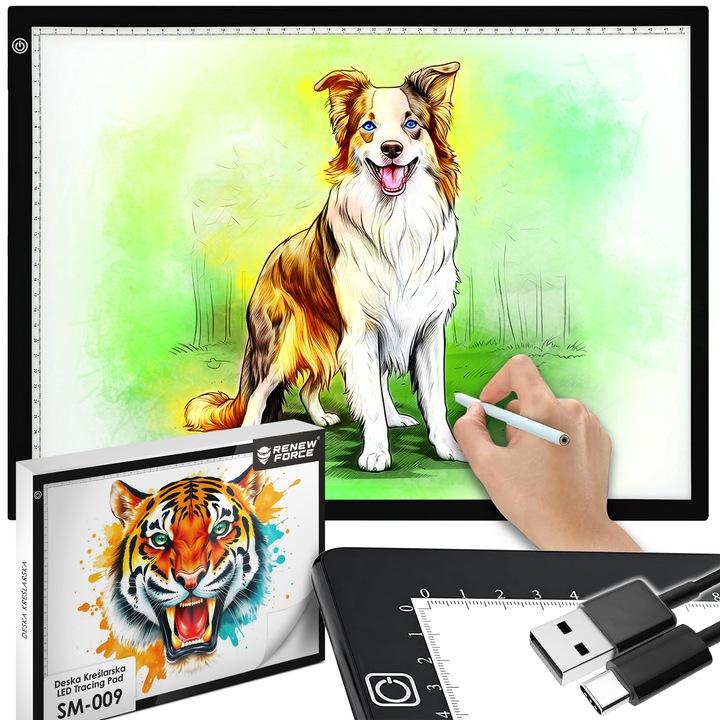 Plansa de desen A3, cu iluminare de fundal LED, Platforma Iluminata pentru desen, light pad, 3 niveluri de iluminare, USB, 47cm x 34, 5cm x 0, 4cm, pentru Transcriere Desene, Schite, Proiecte, Tatuaje si Radiografii, 3 Moduri de Iluminare negru SM-009