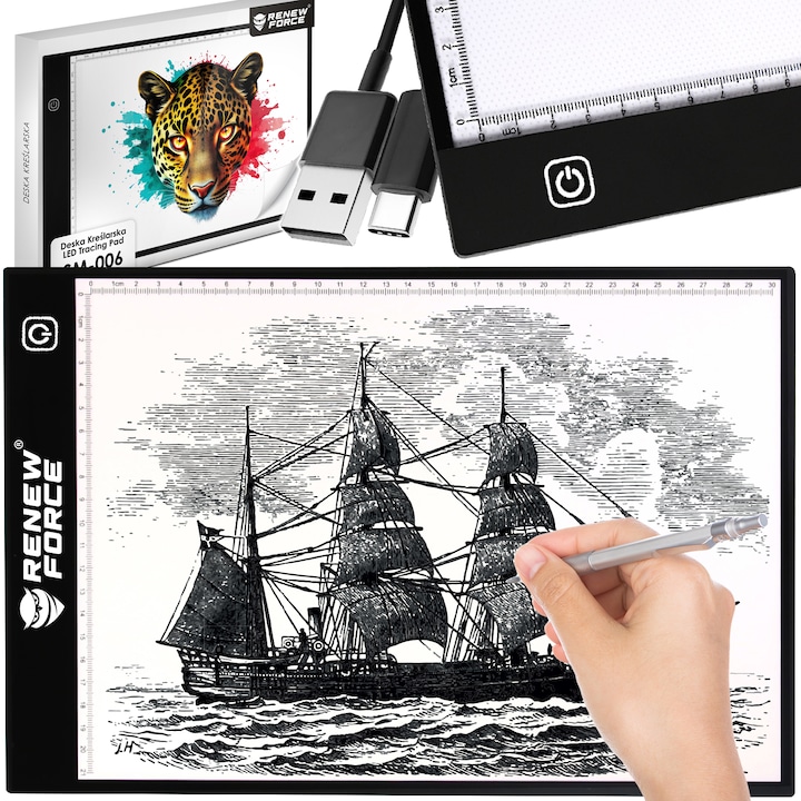 Plansa de desen A4, cu iluminare de fundal LED, Platforma Iluminata pentru desen, light pad, 3 niveluri de iluminare, USB, 33.5 x 23.5 x 0.3 cm, pentru Transcriere Desene, Schite, Proiecte, Tatuaje si Radiografii, 3 Moduri de Iluminare negru SM-006