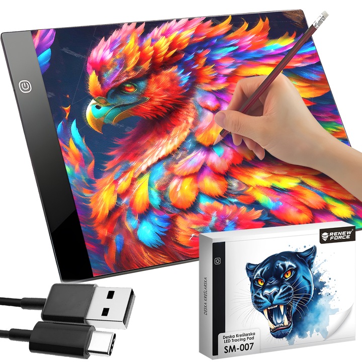 A4-es rajztábla, LED háttérvilágítással, megvilágított rajzplatform, fénypad, 3 világítási szint, USB, 33,5 x 23,5 x 0,3 cm, rajzok, vázlatok, projektek, tetoválások és röntgenfelvételek átírásához, 3 világítási mód, fekete SM-007