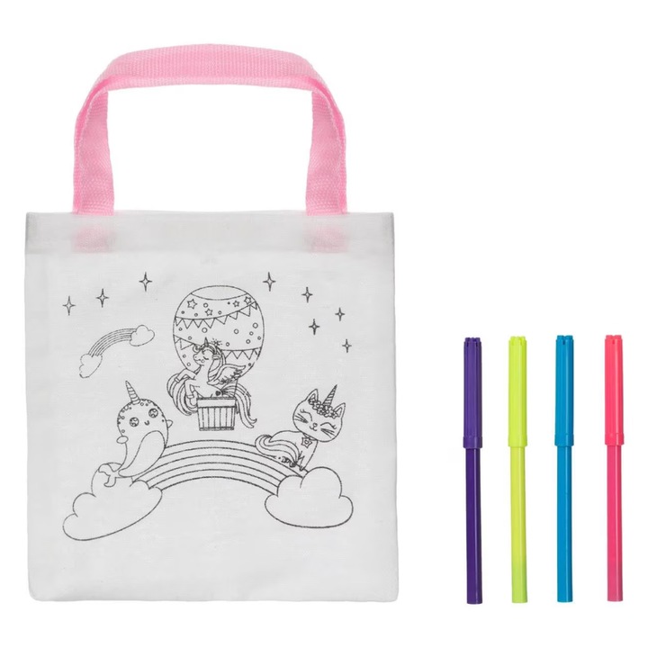 Текстилна чанта за оцветяване, Еднорог и дъга, 4 молива, Подаръчен комплект, Момичета