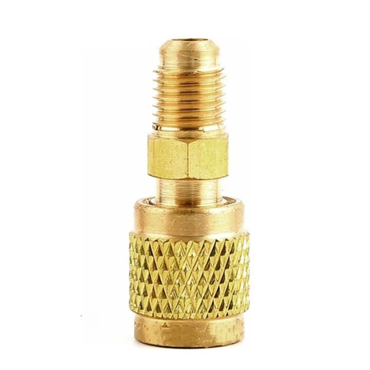 Adaptor pentru aer conditionat, AjieQaQ, Conector adaptor pentru agent frigorific, 6mm la 5/16 usor de instalat, sigur si fiabil, rezistent la rugina si uzura, usor de utilizat, 7x4x4cm, culoare aurie