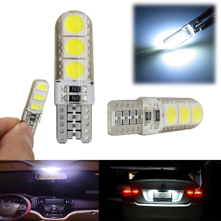 2 комплекта подобрени LED крушки T10 w5w, два пъти по-ярки от обикновените крушки, със силиконова защита, лесни за инсталиране, подходящи за плафони за автомобили, бяла светлина