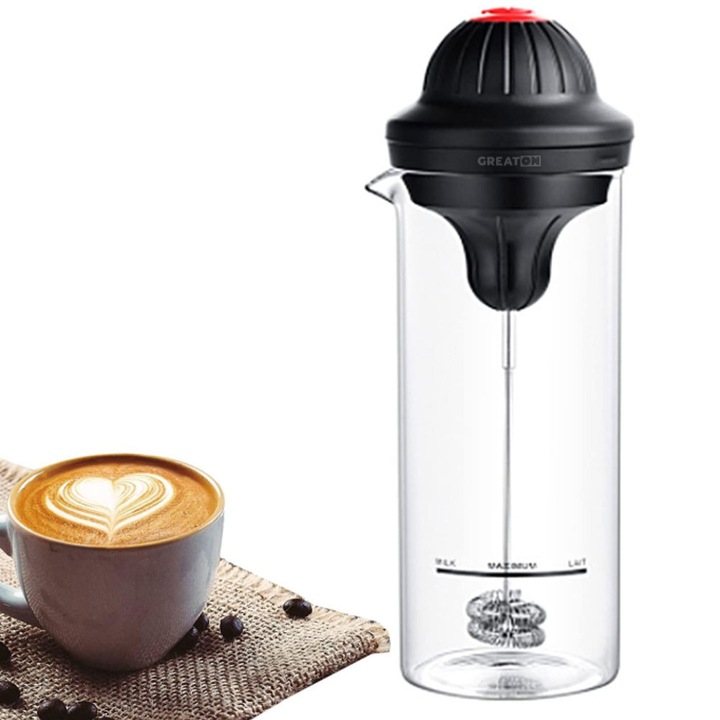 Spumator de Lapte Electric GREATON, Recipient Sticlă Anti-Stropire, Negru/Transparent, Capacitate 450 ml