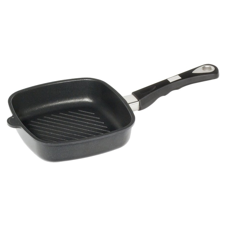 Тиган грил AMT - THE WORLD'S BEST PAN, С незалепващо покритие LOTAN, Алуминий, 26х26 см, С борд 7 см, Реброван