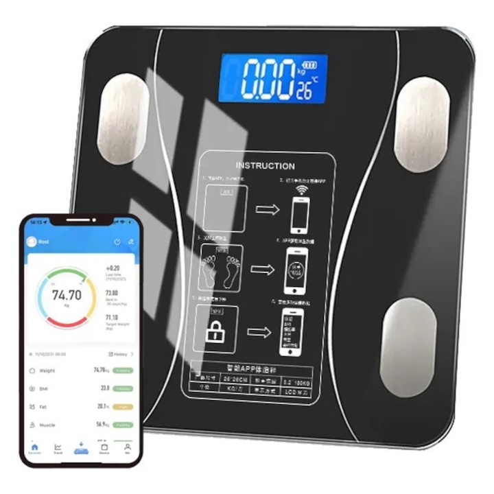 OKOS elektronikus mérleg személyre szabott monitorozással, vezeték nélküli BMI Bluetooth digitális testegészségügyi fekete színű ABYZ™