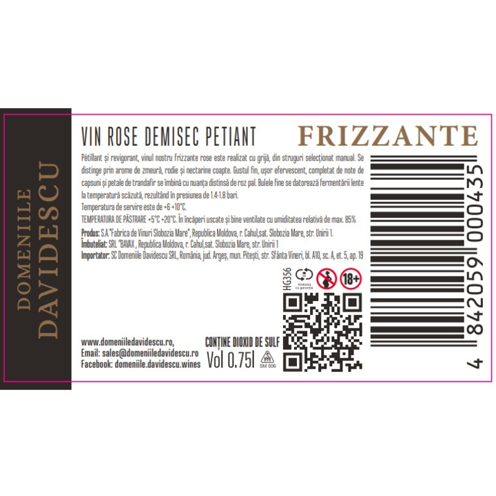 Vin Rose Frizzante Domeniile Davidescu, Demisec, 0.75l
