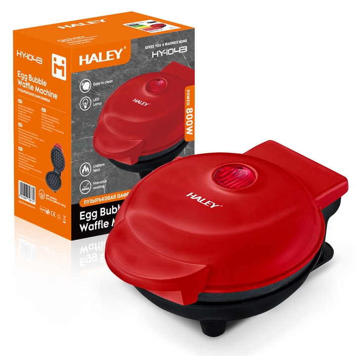 Машина за гофрети HALEY, мини, 800 W, незалепващи плочи, светлинен индикатор, компактен дизайн, червен
