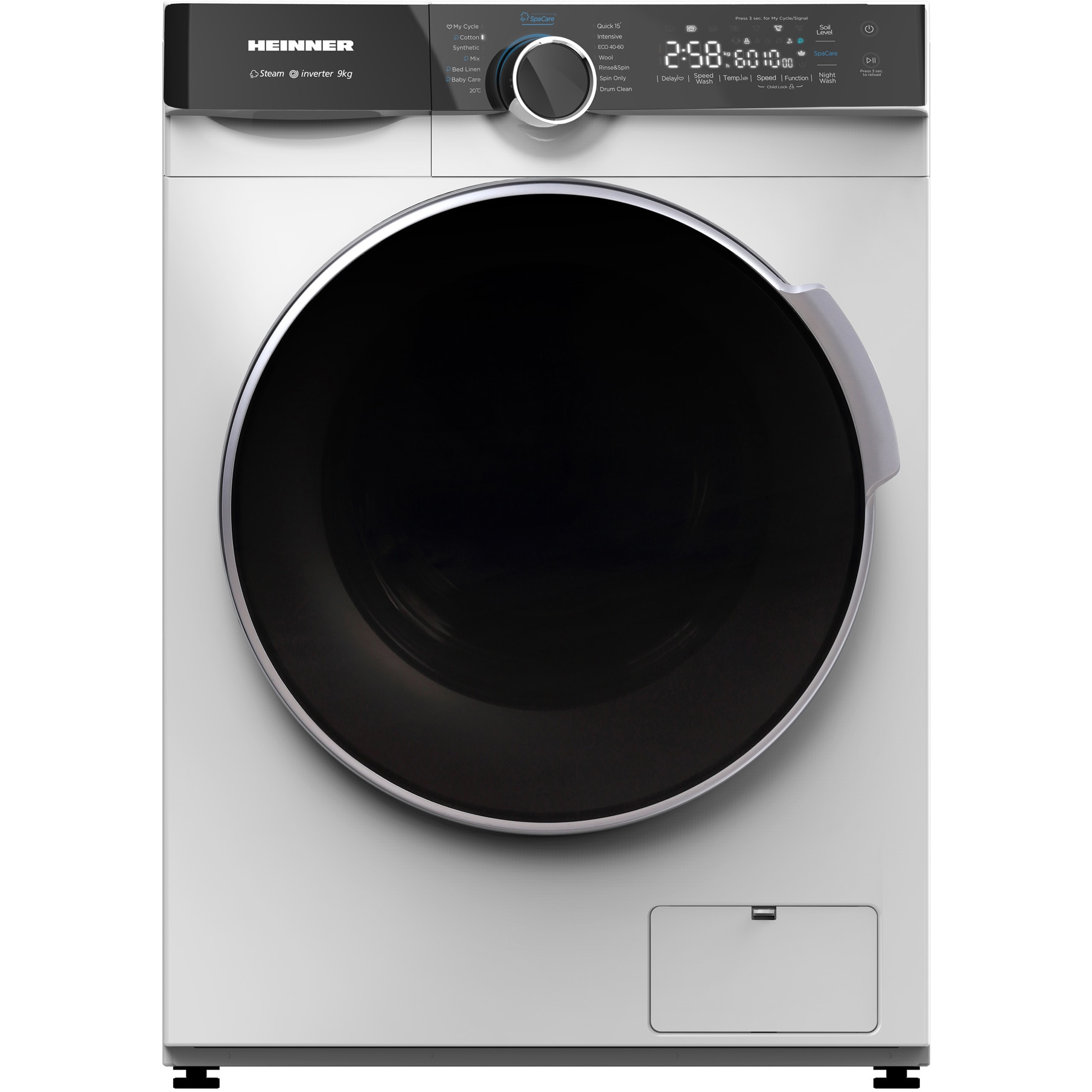 Masina de spalat rufe Heinner HWM-M914IVKA+++, 9kg, 1400 rpm, Clasa A, Motor inverter, 14 programe, Control touch, Display digital, Program rapid 15 min, Program spalare steam, Pro