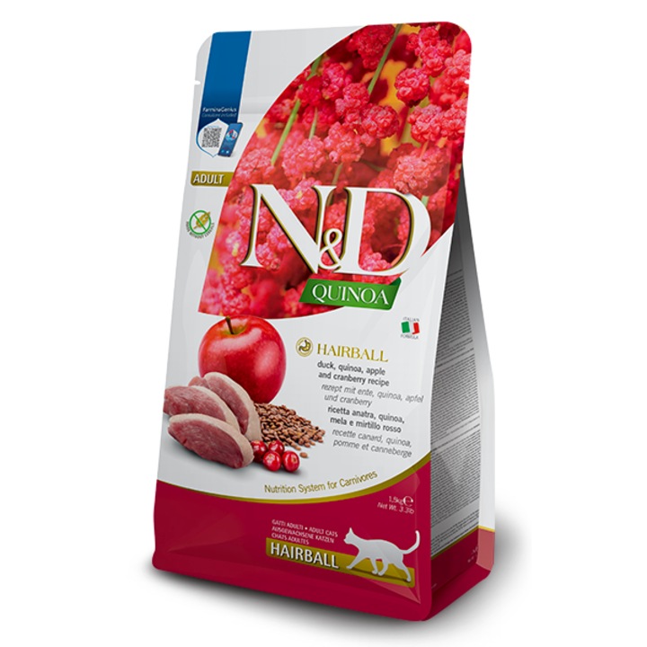 Hrana uscata pentru pisici N&D, cu ghemotoace de par, Quinoa, rata, 1,5 kg