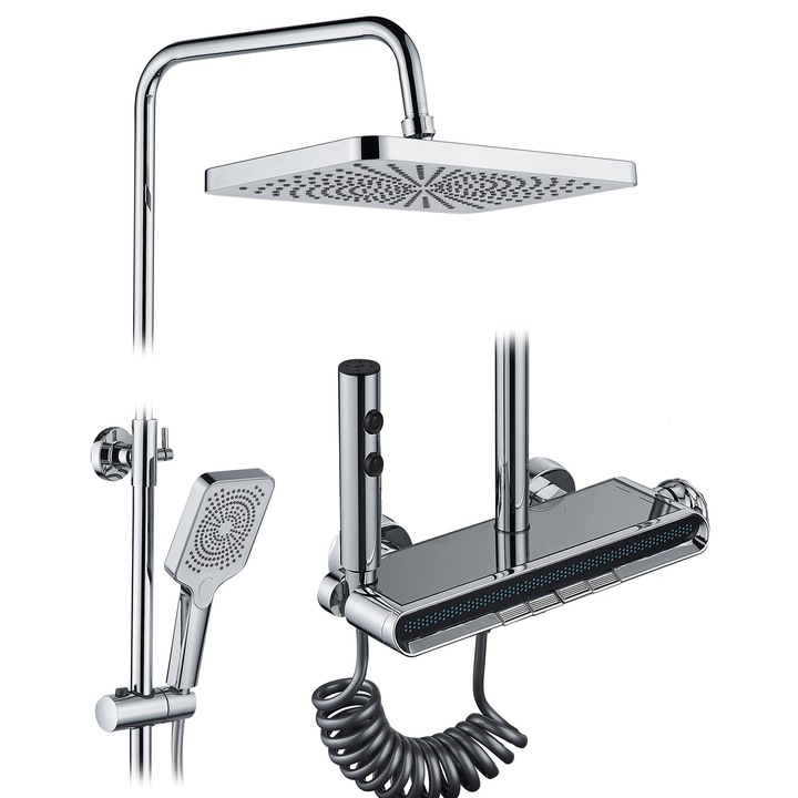 Душ колона La Brocca BBS002, 4 функции, Месинг, лесен за монтаж, регулируема струя, Електронен дисплей, първокласни материали, Високо налягане, Фиксиран душ с функция дъжд, Функция биде, Сребърен