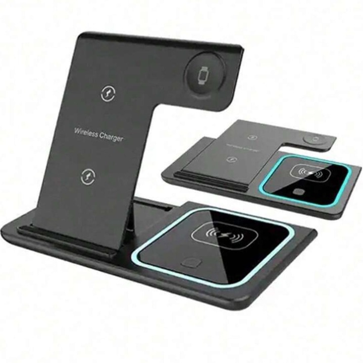 Incarcator wireless 3-in-1 Universal, compact, negru, 15W, 13x15x8cm