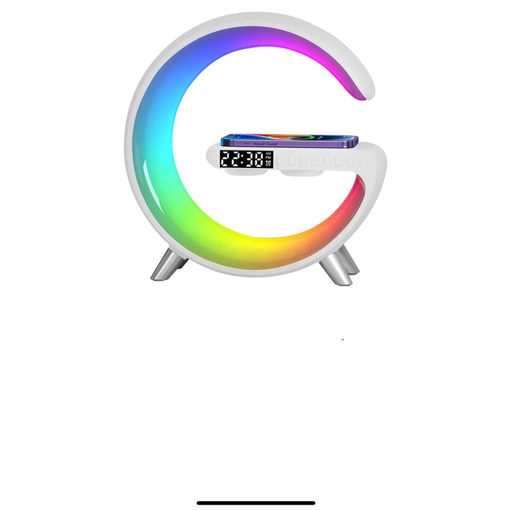 Incarcator wireless RGB pentru difuzor BT, simulare rasarit de soare, lumina de trezire, 16 milioane de culori de lumina, 256 de moduri de lumina, ceas desteptator, alarma