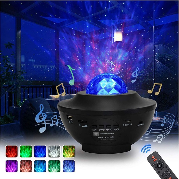 LED csillagos ég projektor, éjjeli lámpa, 21 világítási mód, vízhullám effektus, Bluetooth zenelejátszó, távirányító és időzítő, USB, fekete, 1 db