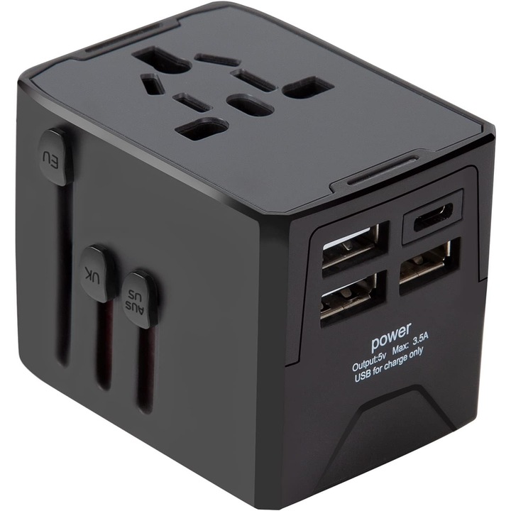 Adaptor de calatorie universal 0806BM-BST4011392, 3x USB Type-A + 1x USB-C, priza AC, compatibil EU/UK/US/AUS, 100–240V max 1440W, negru