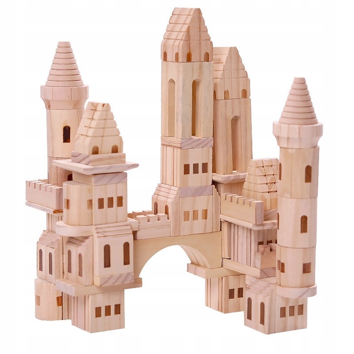 Set de construcție Pan i Pani Gadżet, 75 piese din lemn natural, pentru construcții castel, pentru copii de la 3 ani