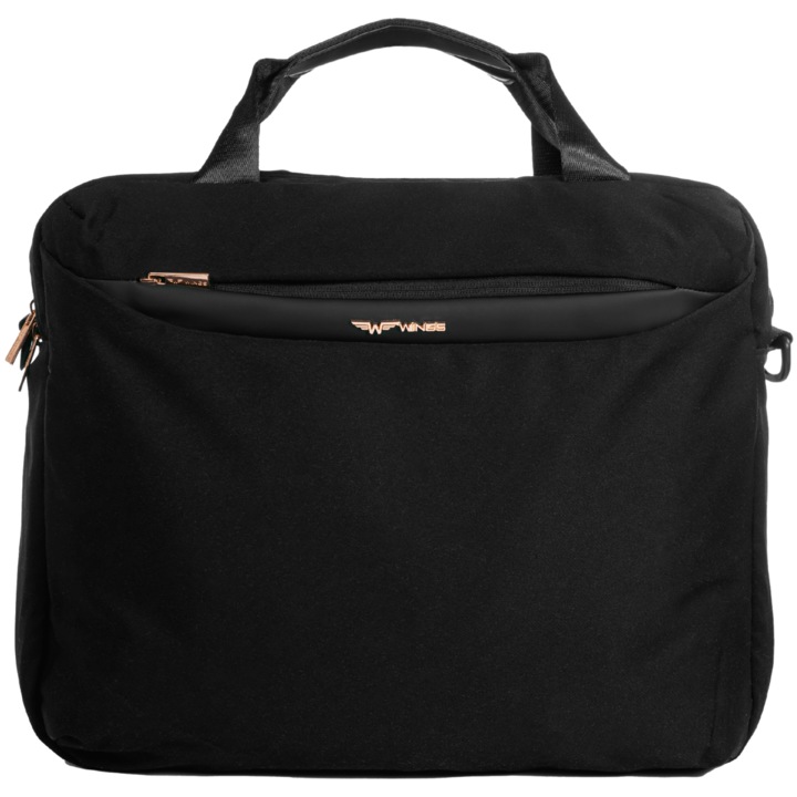 WINGS Чанта за лаптоп, черна, 15.6", лека, със сигурно отделение, регулируема презрамка, материал cool silk, сатениран екокожен завършек, 34x41x10 см 20L