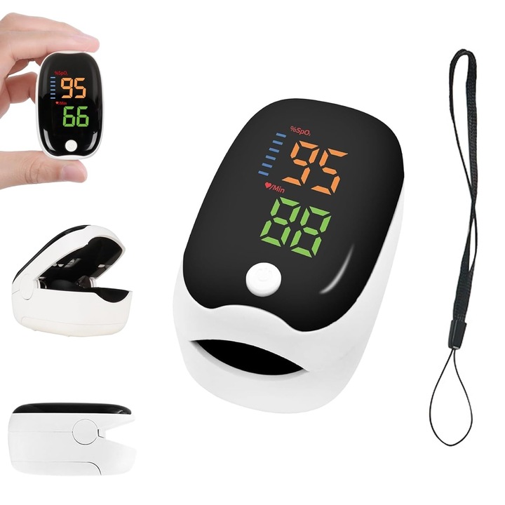 Pulsoximetru profesional pentru deget, portabil, afisaj LED, consum redus de energie, pentru varsta de 12+ ani, compact, alb - ideal sportivi, cataratori, schiori si monitorizare zilnica a sanatatii