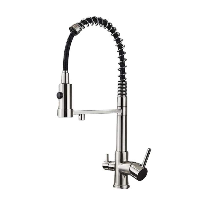 Baterie bucatarie cu 3 cai, iesire pentru filtru de apa purificata, alama, nichel inox, adaptor filtru inclus