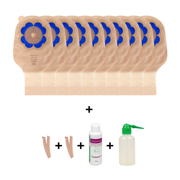Pachet colostomie/ileostomie SIGURRA cu 10 saci Protea Vital 13-63 mm, evacuare, filtru, opaci, + 2 cleme inchidere +1 Stomic cu Aloe Vera + 1 recipient spalare interior saci