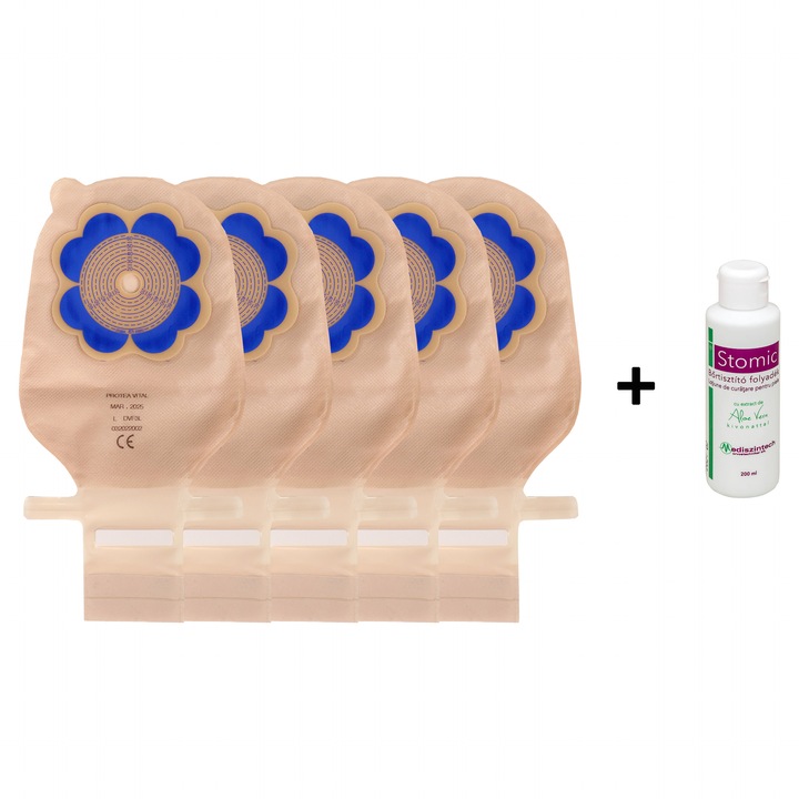 Pachet colostomie/ileostomie SIGURRA cu 5 saci Protea Vital 13-63 mm, evacuare, filtru, opaci, inchidere velcro +1 Stomic cu Aloe Vera