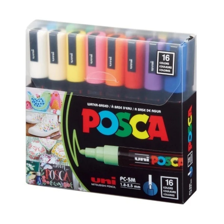 Комплект от 16 маркера UNI Posca PC-5M, Кръгъл връх 1.8–2.5 мм, Ярки цветове
