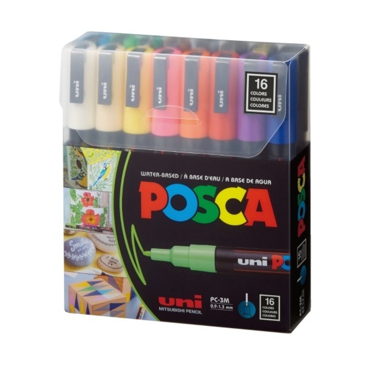 Set 16 Markere UNI Posca PC-3M, Varf Rotund 0.9–1.3 mm, Culori Variate, Calitate Premium - M1482