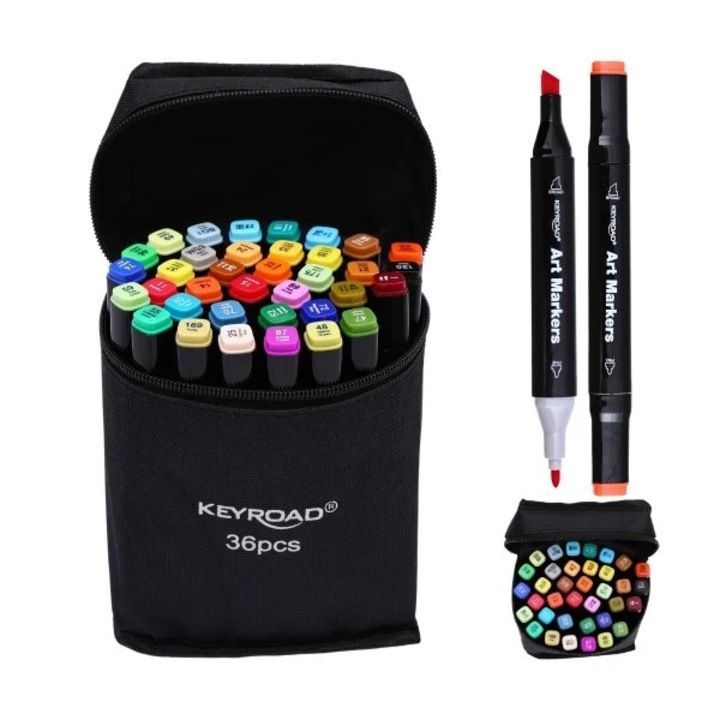 Комплект от 36 маркера Keyroad ArtMarkers MP74244, 2 фини/скосени края, ярки цветове, с чантичка за съхранение - S2486