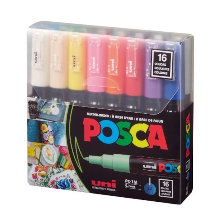 Комплект от 16 маркера UNI Posca PC-1M, кръгъл връх 0.7 мм, ярки цветове, първокласно качество - M1477