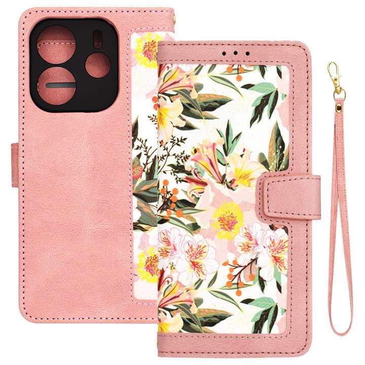 Husa tip carte pentru Xiaomi Redmi Note 14 (4G), Mystic Flowers, Piele ecologica, Buzunare carduri, Inchidere cu capsa, Functie stand/suport, Decupaj difuzor apeluri, Acoperire 360, Protectie completa fata-spate, Snur incorporat/detasabil, Roz