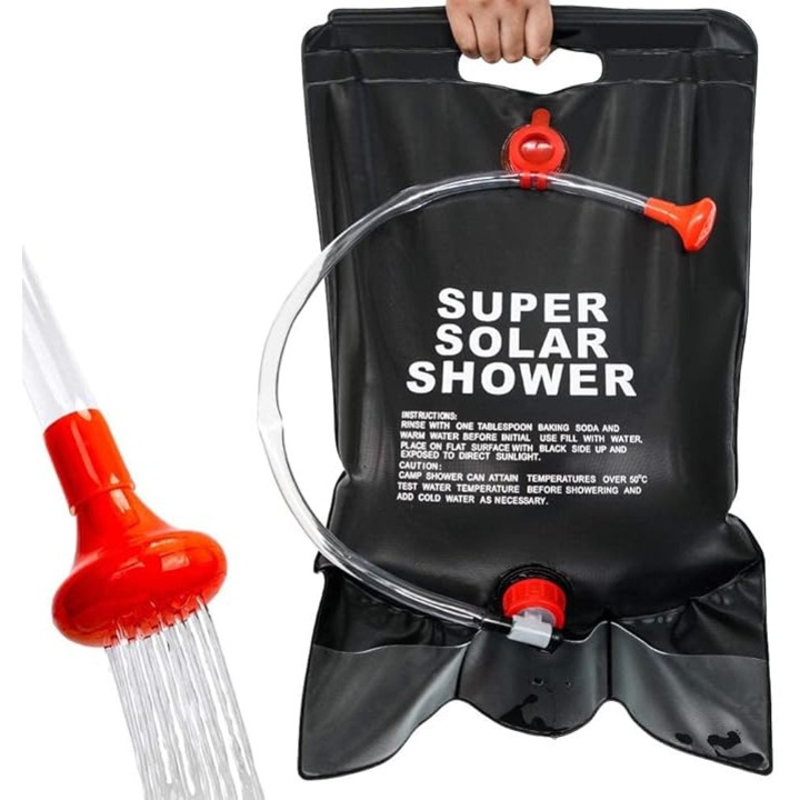 Преносим душ със слънчева система, Cribeau, за къмпинг, маркуч с кран, 20 л, херметично затваряне, висяща дръжка, черен