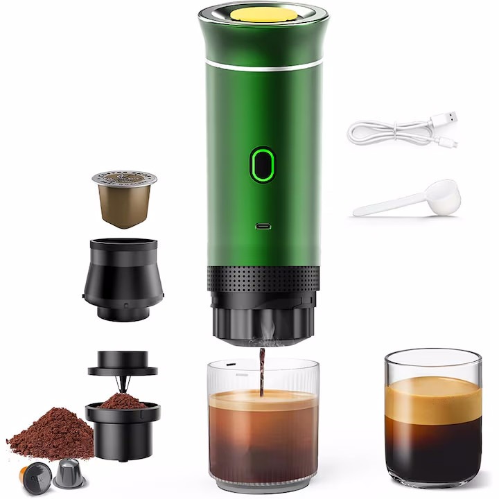 Портативна Кафемашина с Функция за Загряване на Вода - съвместима с капсули Nespresso, Dolce Gusto, Tchibo и др., мляно кафе или горещ шоколад, зелен