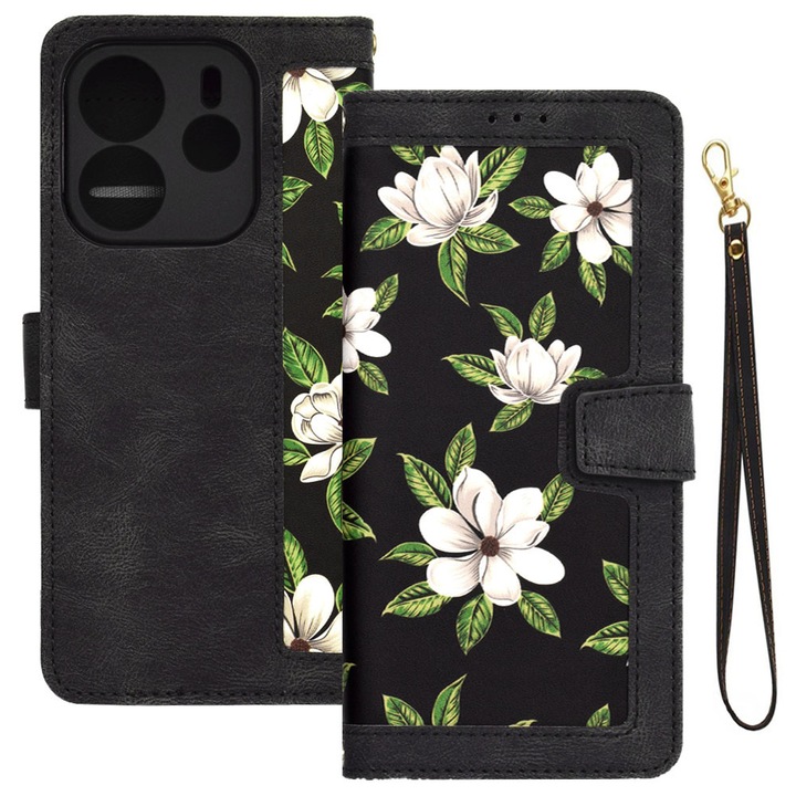 Husa tip carte pentru Xiaomi Redmi Note 14 (4G), Mystic Flowers, Piele ecologica, Buzunare carduri, Inchidere cu capsa, Functie stand/suport, Decupaj difuzor apeluri, Acoperire 360, Protectie completa fata-spate, Snur incorporat/detasabil, Negru