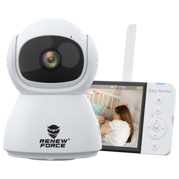 Set monitor video pentru bebelusi Renew Force ABM700, camera rotativa, 5000mAh, alb, 5 inch