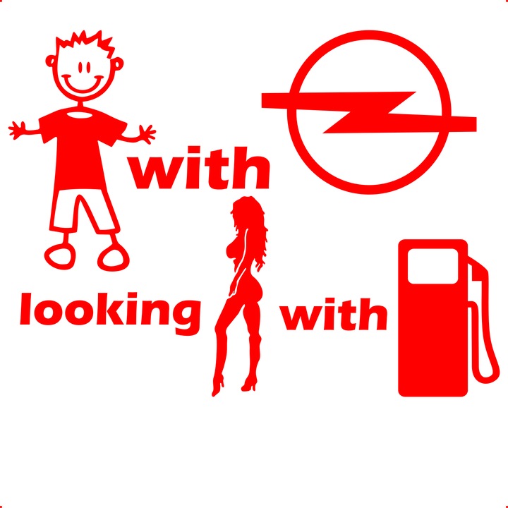 Sticker auto baiat masina caut fata benzina opel, Cri Flo, Culoare Rosu, Marime 21 cm